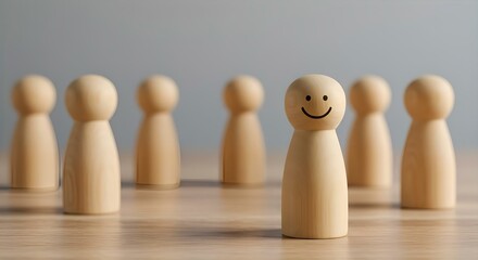 Wooden Figures: Smiling Leader Standing Out in a Group, Teamwork, Individuality, Leadership Concept, Wooden Peg Dolls, Selective Focus
