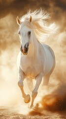 Obraz premium A majestic white horse running through golden atmospheric surroundings