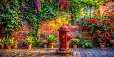 Obraz premium Vibrant Brick Wall Garden Oasis with a Decorative Fire Hydrant and Lush Blooming Flowers