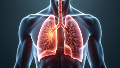 Human lungs with glowing detail on a dark background
