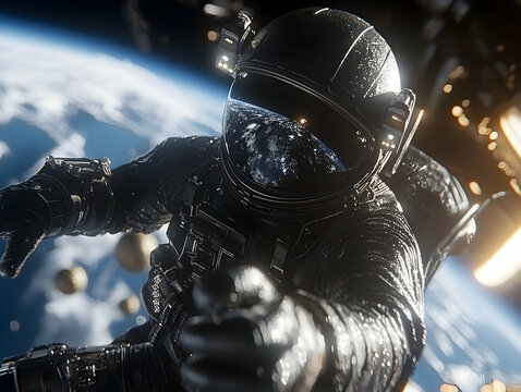 Astronaut Spacewalk: Close Up of Spacesuit Above Earth