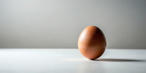 A single brown egg rests on a pristine white surface, subtly illuminated against a neutral backdrop; a simple, yet evocative image.