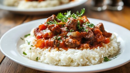 A close-up of a Middle Eastern curry served with fluffy rice and herbs.