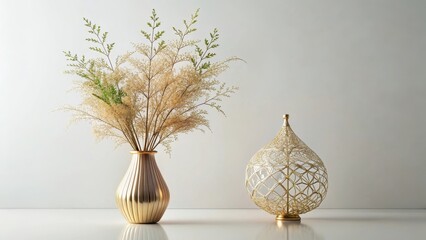 Elegant gold vase with dried floral arrangement and decorative gold container on white surface