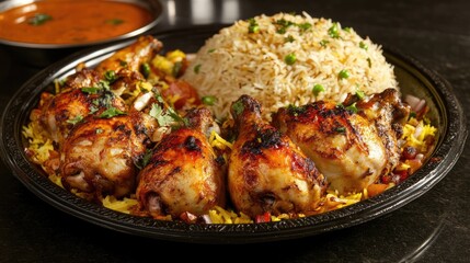 Fototapeta premium A plate of traditional Arab-style roasted chicken with a side of spiced rice.