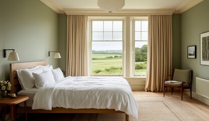 Obraz premium Bright Bedroom with Sage Green Walls and Scenic View