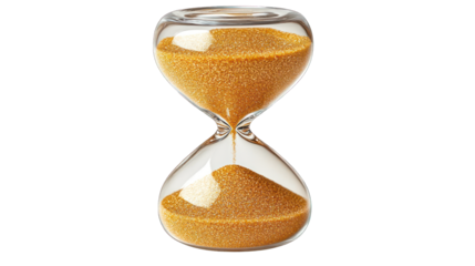 Hourglass with flowing sand displayed on a white background