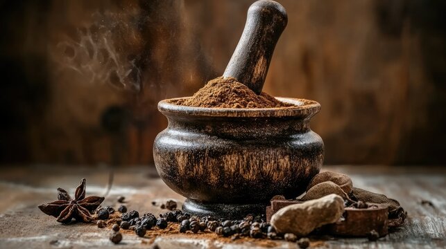 A rustic mortar and pestle grinding cumin powder and other Middle Eastern spices.