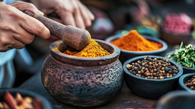A rustic mortar and pestle grinding cumin powder and other Middle Eastern spices.