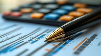 Fototapeta premium business document calculator and pen on gray reflection background reviewing report graphs and charts