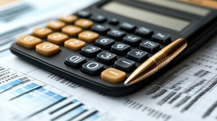 business document calculator and pen on gray reflection background reviewing report graphs and charts