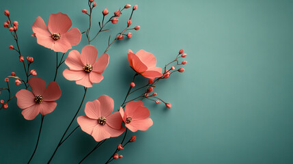 Beautiful pink flowers with delicate petals and buds arranged against teal background create serene and elegant atmosphere, perfect for adding touch of nature to any design
