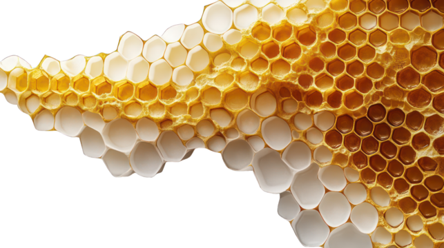 Honeycombs with golden hues displayed on a clean white background