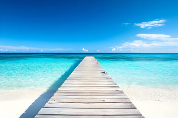 Fototapeta premium A serene wooden pier extends into the vibrant blue ocean under a clear sky, offering an inviting glimpse of tranquil seaside beauty.