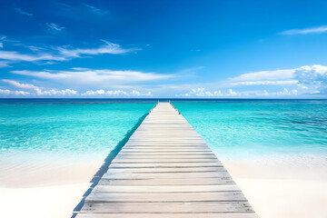Fototapeta premium A serene wooden pier extends into crystal clear waters, inviting relaxation and adventure on a beautiful sunny day.