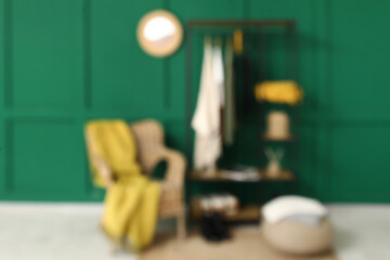 Rack with clothes and armchair near green wall in room. Blurred view