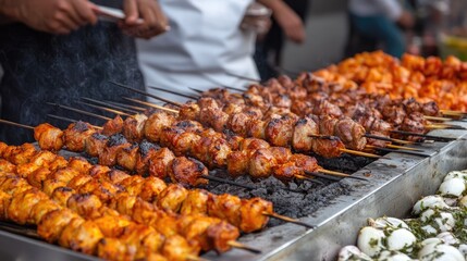 Naklejka premium A vibrant food stall grilling lamb and chicken skewers over an open flame.