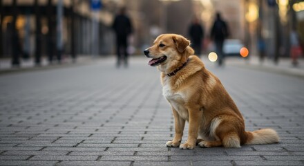 Golden Dog Sitting on City Street