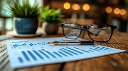 checking financial report on business desk glasses pen calculator and document with blue charts on...