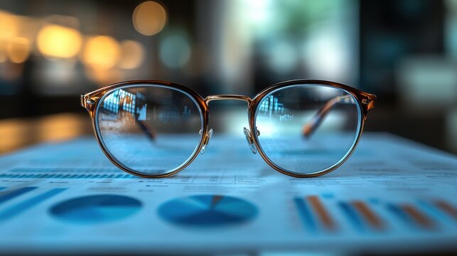 checking business reports graphs and charts documents and glasses on gray reflection background