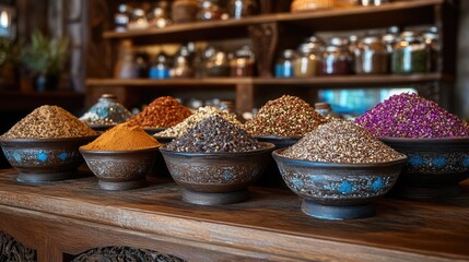 Fototapeta premium A wooden spice shelf holding traditional Middle Eastern cooking essentials.