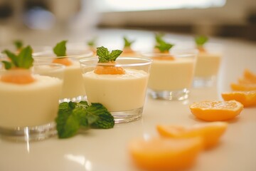 Fototapeta premium Creamy Panna Cotta with Orange and Mint Dessert
