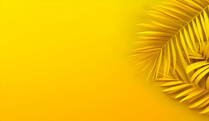 Fototapeta premium Vibrant yellow background with a tropical palm leaf, creating a warm and cheerful ambiance perfect for summer themes.