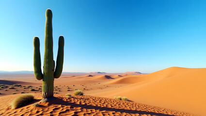 A lone cactus standing in an empty desert under a clear blue sky