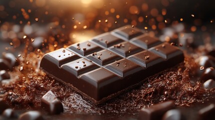 chocolate bar on chocolate splash isolated,cartoon illustration style