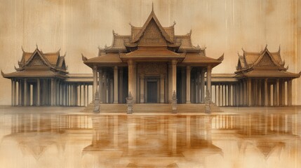 Obraz premium Ornate temple complex reflected in calm water with sepia tones