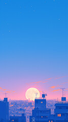 Fototapeta premium 都市の夜明けを描いたイラスト、満月と流星群が輝く青空、静かな都会の高層ビル、電車が行き交う美しいシティスケープ、レトロポップで幻想的な雰囲気のある背景素材、近未来やSF的なコンセプトに使えるデジタルアート作品。スマートフォン9:16のアスペクト比