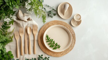 Overhead view of a table setting with natural elements and utensils