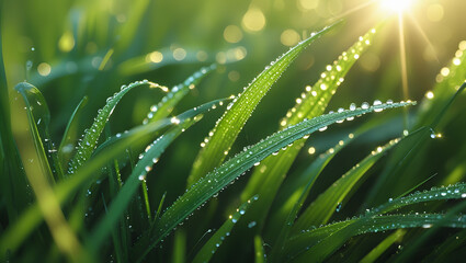 A close-up of dew-covered grass blades illuminated by the golden morning sun