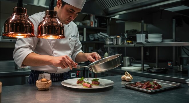 Professional Chef Preparing Gourmet Dish in Modern Kitchen with Copper Lamps for Culinary Excellence and Fine Dining Experience