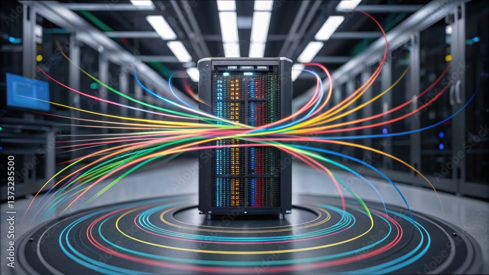 Poster colorful data flow around high-tech machine in modern server room