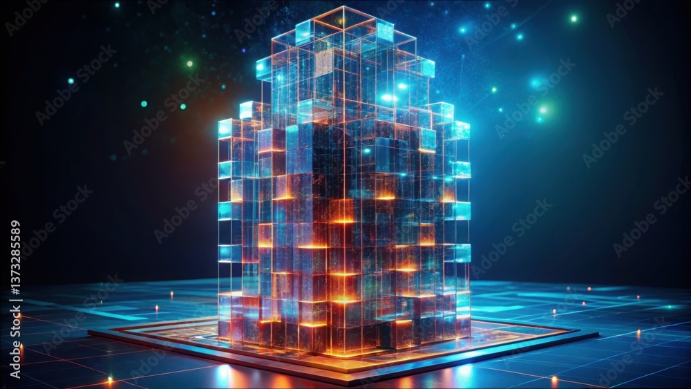 Aufkleber Futuristic Layered Tower Constructed with Glowing Digital Code