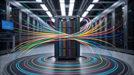 Fototapeta premium Colorful Data Flow Around High-Tech Machine in Modern Server Room