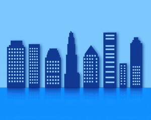 Fototapeta premium A silhouette of a city skyline in blue against a matching background, featuring various building shapes and window designs.