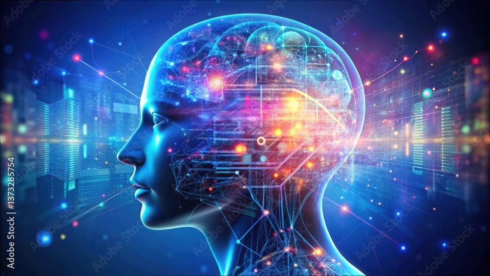 Poster futuristic human head with abstract mind layers and digital elements