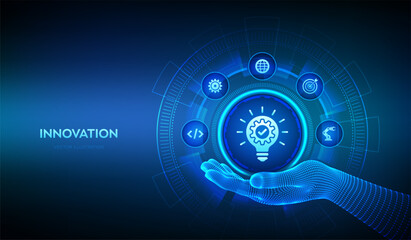 Innovation icon in wireframe hand. Business innovative idea and solution technology concept Creative Idea, inspiration. Brainstorming. Creative Thinking. Vector illustration.