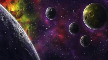 An enigmatic collection of planets in space displaying a variety of colors and textures against the cosmic backdrop of stars and galaxies.