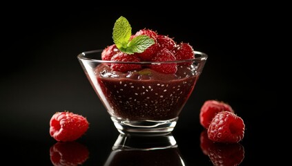 Dark Red Raspberry Chia Seed Pudding with Mint Garnish