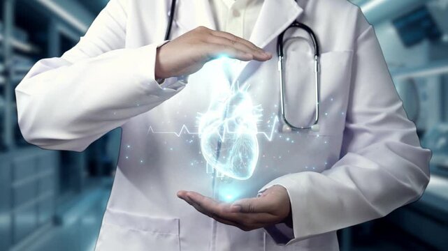Close up of professional doctor holding heart anatomy hologram floating at hospital. Smart medical worker checking and preparing for heart surgery by using technology innovation. Cardiology. Remedial.