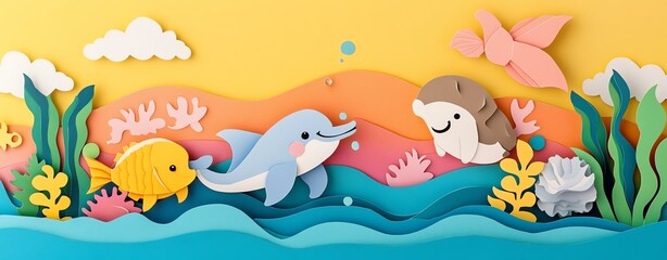 Naklejka premium Top view of colorful paper cut A vibrant underwater scene featuring playful marine animals made from colorful paper craft, capturing the beauty of ocean life.