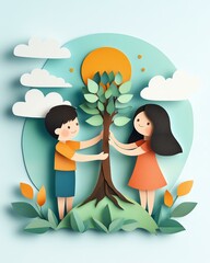 Top view of colorful paper cut Two kids joyfully nurturing a tree in a vibrant, colorful paper-cut style, symbolizing hope and care for nature.