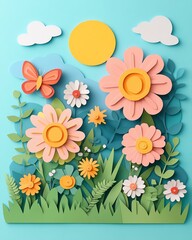 Fototapeta premium Top view of colorful paper cut Vibrant paper flowers and green foliage create a cheerful spring garden scene with butterflies and a sun on a blue background.