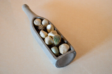 Stylish planter made from a gray bottle contains small cacti and smooth stones, ideal for home decoration or office display