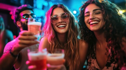 Joyful friends enjoying a night out at a lively venue