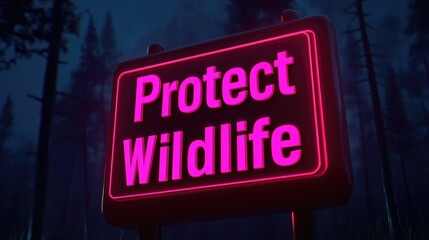 Obraz premium Neon Sign in Dark Forest Night Protect Wildlife Conservation Announcement