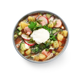 Bowl of tasty okroshka with sour cream on white background
